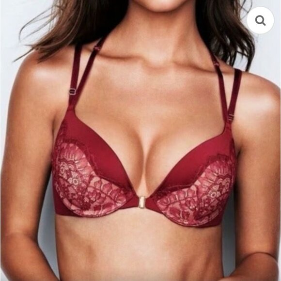 Victorias Secret 34B Very Sexy Push Up Bra Lace Floral Wine Red Gold Front Clasp - Picture 1 of 11